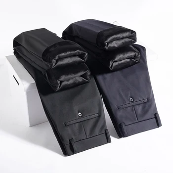 2023 Зимний бренд класса Люкс, высококачественные Прямые Свободные брюки, флисовые толстые Теплые мужские классические брюки для деловых джентльменов