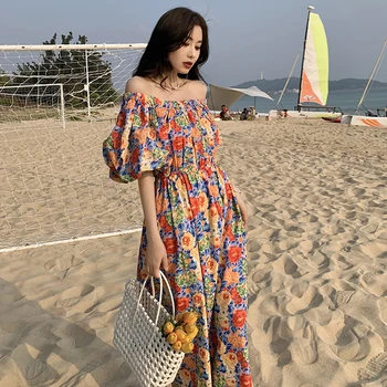 Новинка 2023 года В элегантном корейском стиле для девочек, модные винтажные платья Миди с цветочным вырезом и разрезом, длинный Свободный повседневный пляжный сарафан для женщин