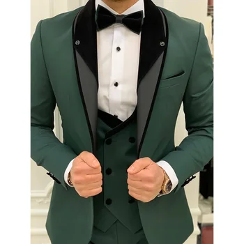 Зеленые Мужские костюмы Однобортный платок с лацканами Костюм-тройка для отдыха, официальных мероприятий, куртка, Брюки, жилет Hombre Slim Fit