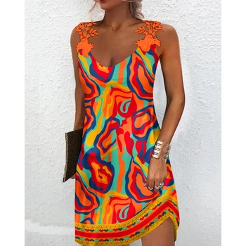 Повседневное женское мини-платье без рукавов с многоцветным абстрактным принтом, контрастным кружевом, U-образным вырезом, винтажное летнее короткое платье для отпуска.