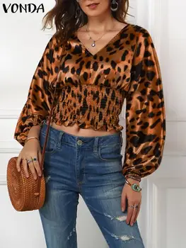 VONDA Элегантные рубашки-туники, женская осенняя Винтажная блузка с леопардовым принтом 2023, сексуальные топы для вечеринок с V-образным вырезом, повседневные блузки с длинным рукавом