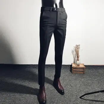 Мужские деловые официальные брюки, однотонные прямые укороченные брюки в Корейском стиле с эластичной застежкой-молнией, офисные брюки для общения, уличная одежда