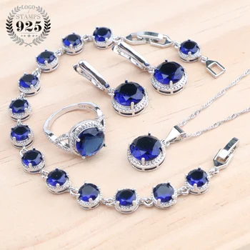 Наборы ювелирных изделий из серебра 925 пробы для женщин, свадебные серьги с синим цирконием, браслеты, кольца, кулон, ожерелье