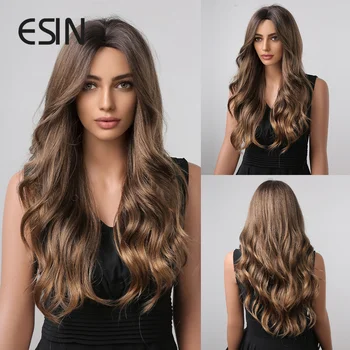ESIN Синтетические волосы Длинная волна воды, омбре, смешанные коричневые парики средней части для женщин, натуральные вечерние, термостойкие