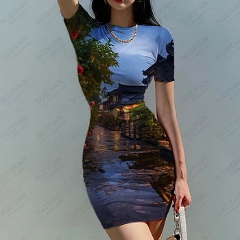 Платье в Китайском стиле, Платье С 3D Принтом Jiangnan Water Village, Элегантное Темпераментное Платье Для Летних Покупок, Платье С Короткими рукавами