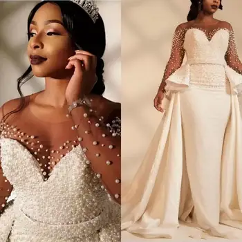 Большие размеры юбок с прозрачным вырезом и длинными рукавами Свадебных платьев Южноафриканское свадебное платье-труба 2023