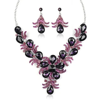 Винтажное ожерелье с фиолетовым кристаллом и цветочным дизайном, Серьги, Роскошный ювелирный набор, Женская свадьба, Подарки на День Святого Валентина