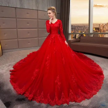 Нежное свадебное платье из красных кружевных лепестков с длинным рукавом, расшитое блестками бальное платье, свадебное платье