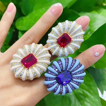 Винтажное кольцо со спиралью из розового циркония, Цветок хризантемы, увеличивающий указательный палец, ювелирные изделия с голубой эмалью для женщин