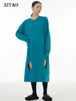 Открытое платье XITAO с круглым вырезом, длинный рукав, Свободное, повседневное, однотонное, Простота, Темперамент, для похудения, Женское Новое платье HQQ1987