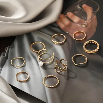 Набор колец с жемчугом золотого, серебряного цвета в стиле бохо Для женщин, модные геометрические кольца, открытые кольца для суставов, кольца для пальцев, очаровательные украшения
