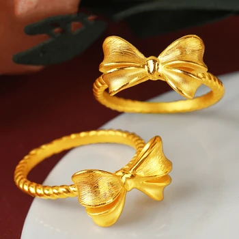 1 шт. кольцо из чистого желтого золота 999 пробы 24 Карат для женщин с 3D бантом и веревочной лентой, размер США 5-10