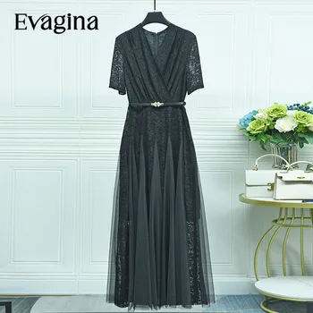 Evagina, кружевной сетчатый пояс в стиле пэчворк, тонкое длинное платье на талии, весенне-летние женские новые праздничные платья с короткими рукавами и V-образным вырезом.