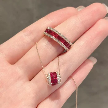 Новые серебряные инкрустированные кристаллы легкие роскошные ювелирные наборы с рубином нежные обручальные кольца ожерелье для женщин гламурный подарок для вечеринки