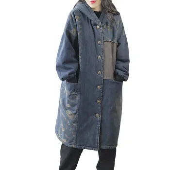 Джинсовая парка с капюшоном, женская зимняя мода, мешковатые повседневные теплые винтажные длинные стеганые пальто в стиле пэчворк, Ковбойская ветровка