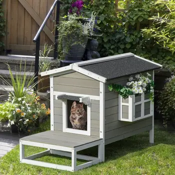 Роскошная деревянная Приподнятая Наружная Крытая Клетка для собак Кошачий домик с балконом Серый