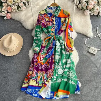 Женская модная одежда в стиле пэчворк с нерегулярным принтом, пояса, платье-рубашка Миди, женское однобортное Кимоно трапециевидной формы, Vestido N8639