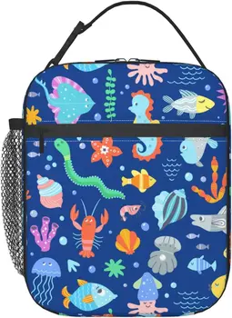 Рыбы, Морские животные, Милые мультяшные сумки для ланча, синий Изолированный Многоразовый Ланч-бокс, Водонепроницаемая Портативная сумка для мальчиков, девочек и взрослых
