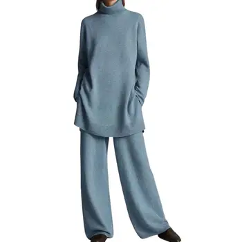 Модный Свитшот, брючный костюм, вязаный комплект из двух предметов, Зимняя блузка, брюки, осенний топ с глубоким вырезом, брючный костюм