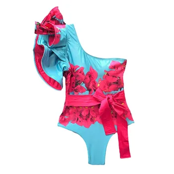 Модный цельный женский бандажный купальник с цветочным принтом и рюшами, цветной блок, Летний пляжный принт, Цветочная краска для галстуков